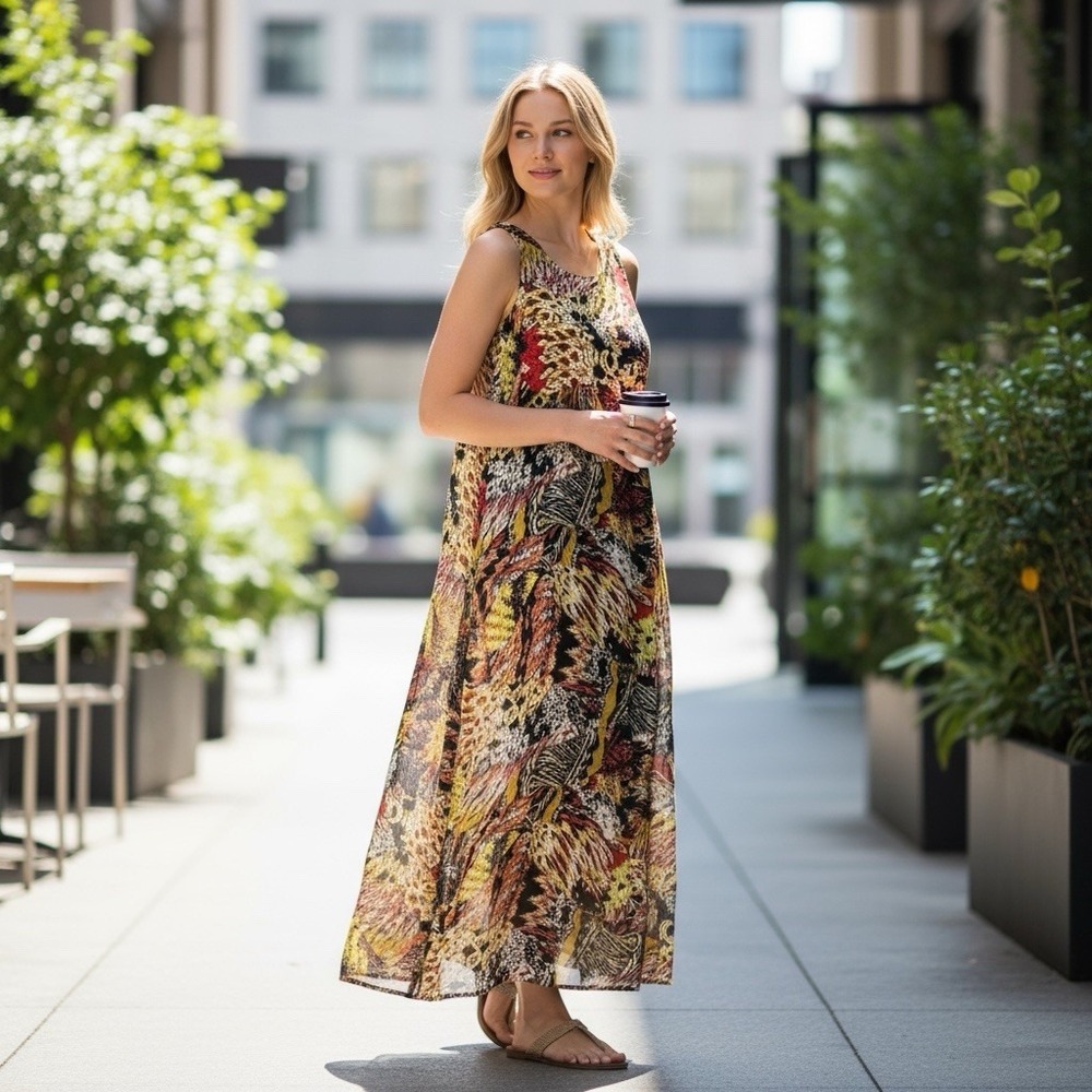 Kim Rogers Maxi Dress Womens XL Multicolor Abstract Smocked Tribal Boho Summer